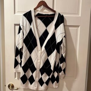 Talbots Black and White Argyle Cardigan